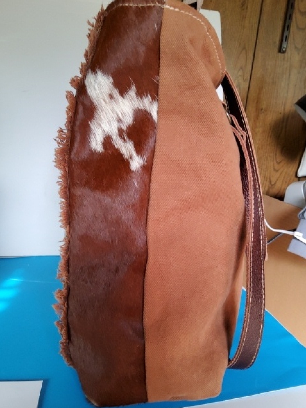 Myra Bag Tooled Turquoise Leather,cowhide accents tote. - Picture 5 of 9
